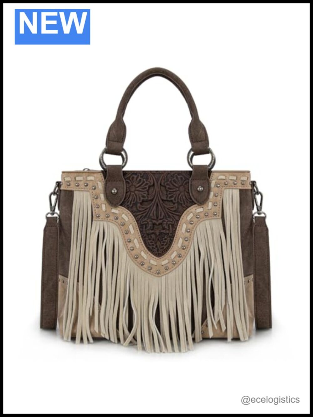 Genuine Leather Floral Tooled Western Fringe Crossbody Tote Bag